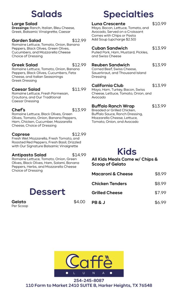 Caffe Luna Menu