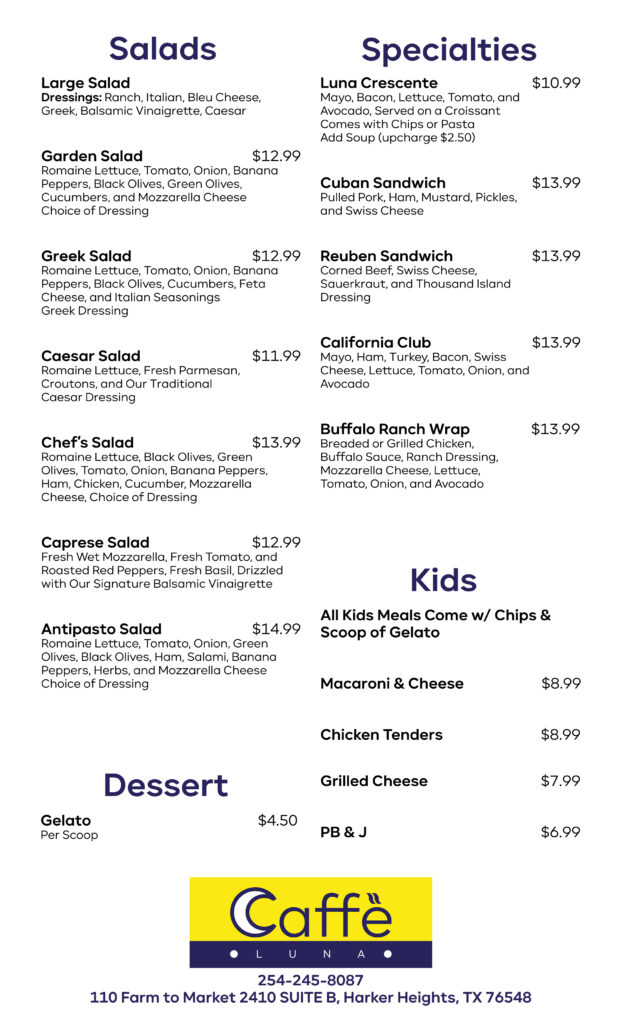 Caffe Luna Menu
